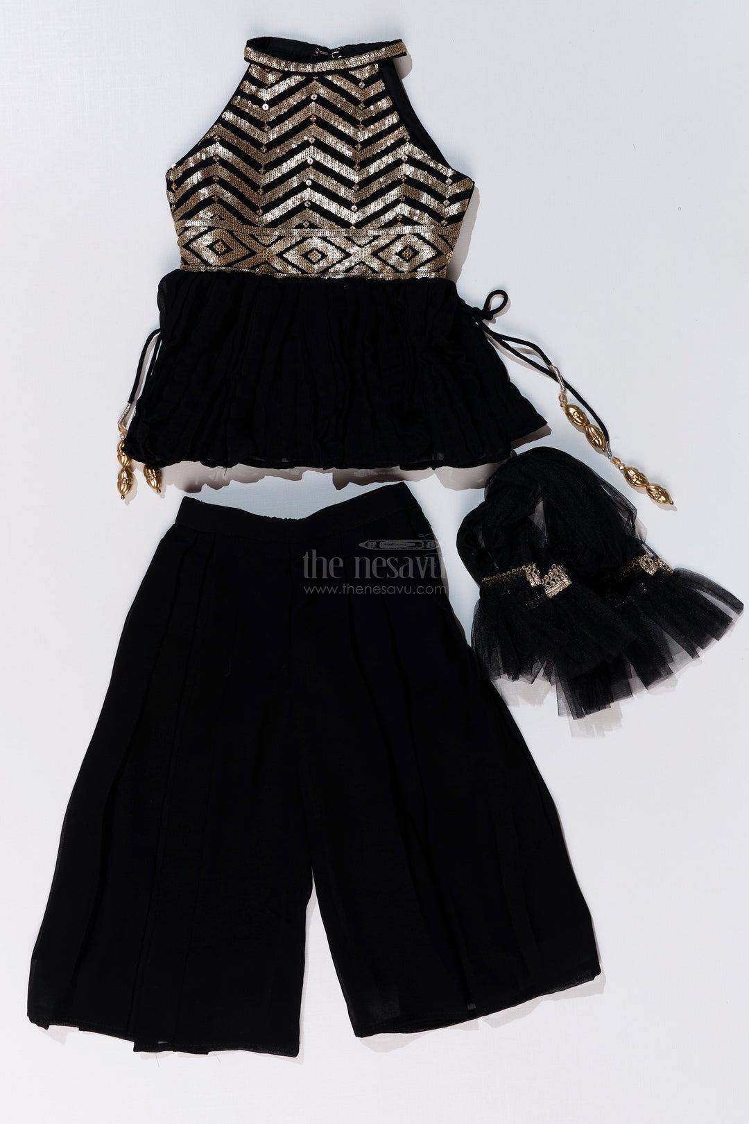 The Nesavu Girls Sharara / Plazo Set Trendy Green Plazo Set for Girls with Georgette Embroidery and Sequin Work Nesavu Nesavu Trendy Green Plazo Set Girls Georgette Embroidery Sequin Work