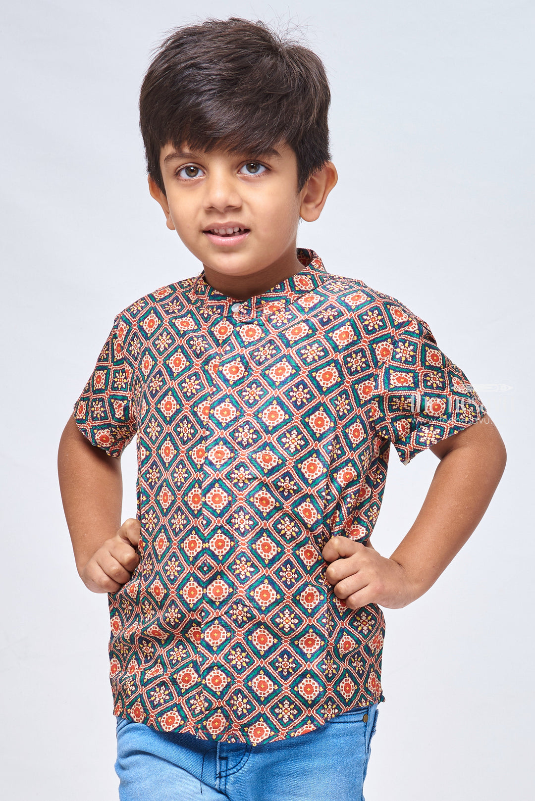 The Nesavu Boys Silk Shirt Trendy Green Silk Shirt for Boys with Ajrakh Pattern Nesavu 14 (6M) / Green / Silk Blend BS085A-14 Traditional and Trendy | Discover Our Range of Ajrakh Shirts | The Nesavu