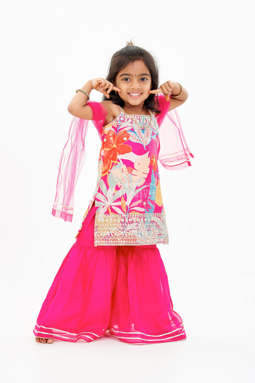 The Nesavu Girls Sharara / Plazo Set Trendy Pink Plazo with Kurti Set for Girls with Digital Floral Print and Embellished Dupatta Nesavu 16 (1Y) / Pink GPS536A-16 Nesavu Trendy Pink Plazo Kurti Set Girls Digital Floral Print Embellished Dupatta