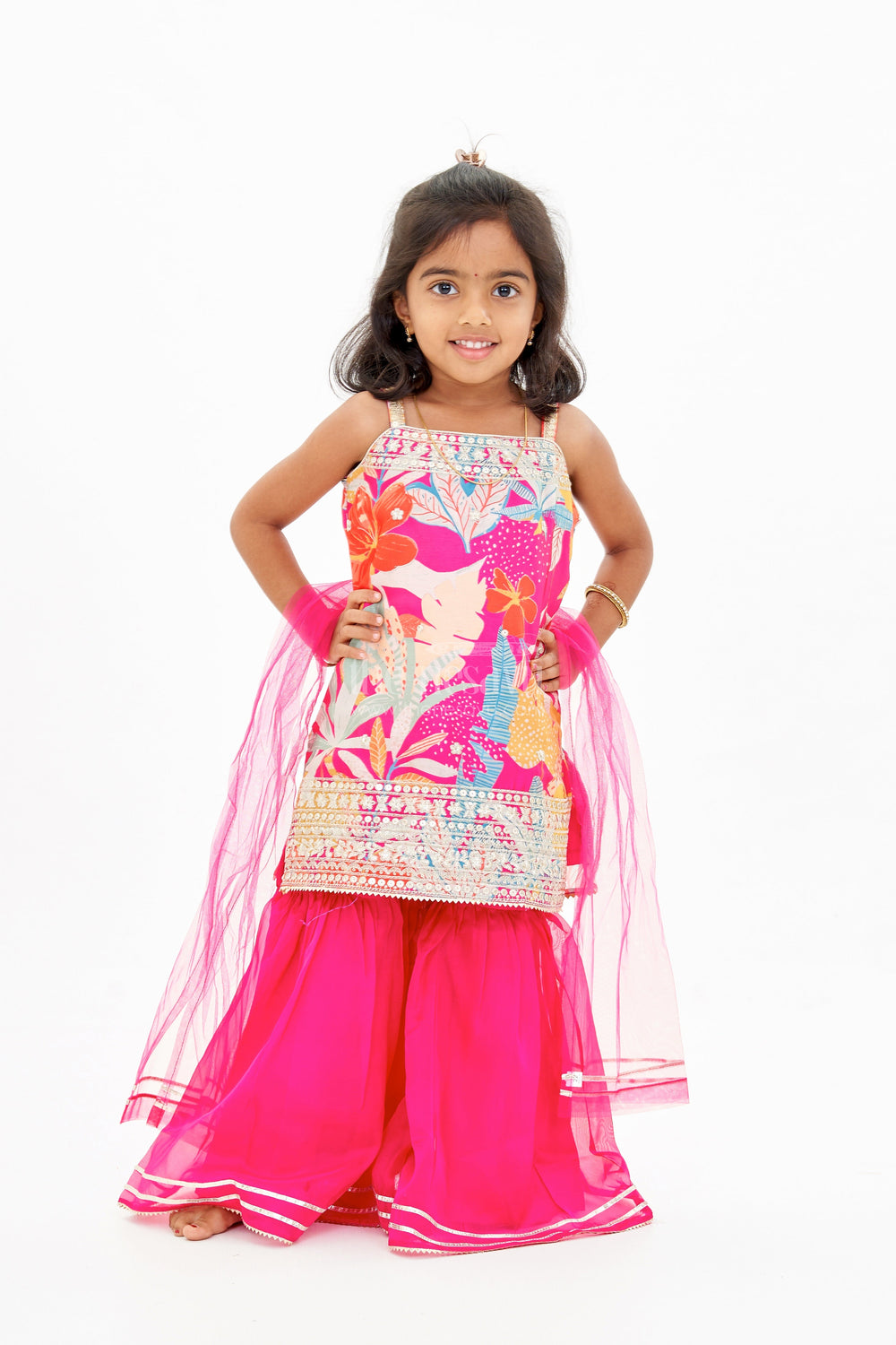 The Nesavu Girls Sharara / Plazo Set Trendy Pink Plazo with Kurti Set for Girls with Digital Floral Print and Embellished Dupatta Nesavu Nesavu Trendy Pink Plazo Kurti Set Girls Digital Floral Print Embellished Dupatta