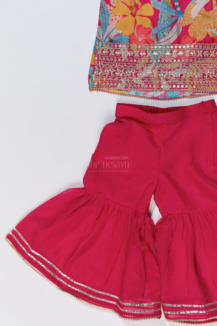 The Nesavu Girls Sharara / Plazo Set Trendy Pink Plazo with Kurti Set for Girls with Digital Floral Print and Embellished Dupatta Nesavu Nesavu Trendy Pink Plazo Kurti Set Girls Digital Floral Print Embellished Dupatta