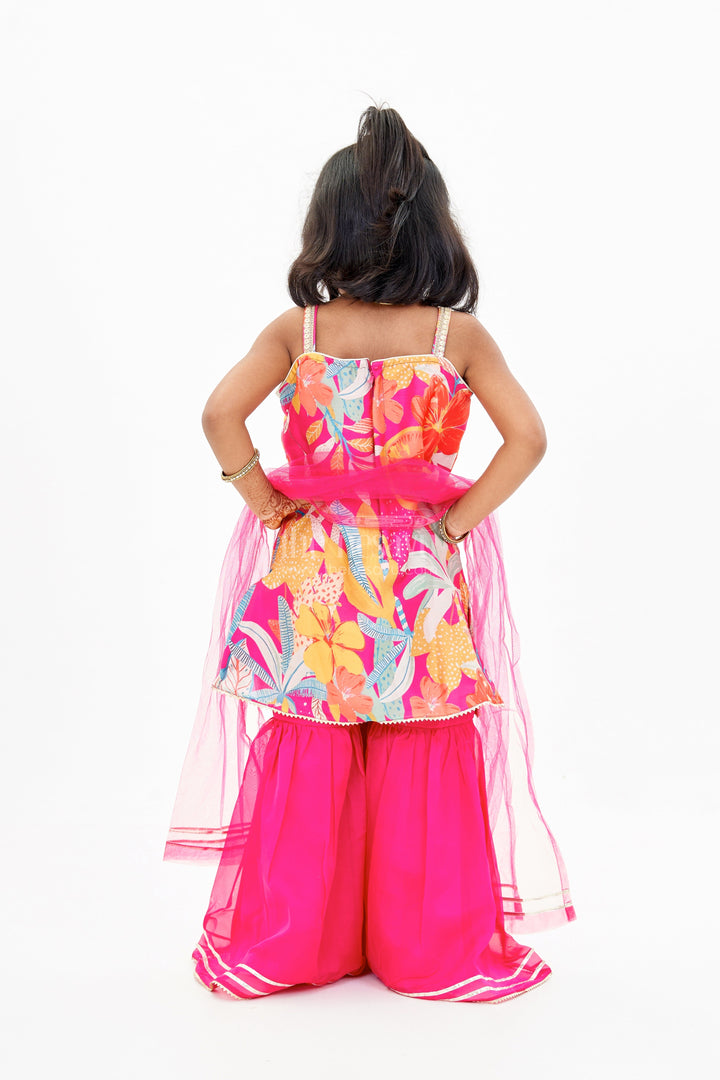 The Nesavu Girls Sharara / Plazo Set Trendy Pink Plazo with Kurti Set for Girls with Digital Floral Print and Embellished Dupatta Nesavu Trendy Pink Plazo Kurti Set Girls Digital Floral Print Embellished Dupatta | The Nesavu