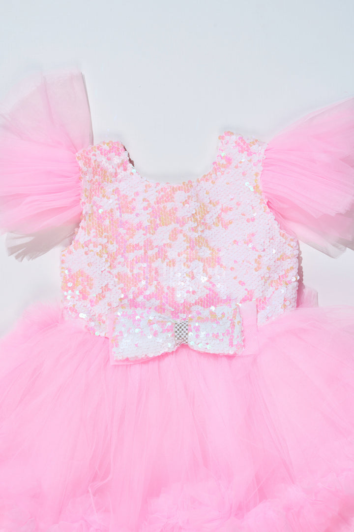 The Nesavu Girls Fancy Party Frock Trendy Pink Western Party Dress for Girls with Sequin Bow and High-Low Hem Nesavu Nesavu Stylish Pink Western Party Dress Girls Sequin Bow High-Low Hem