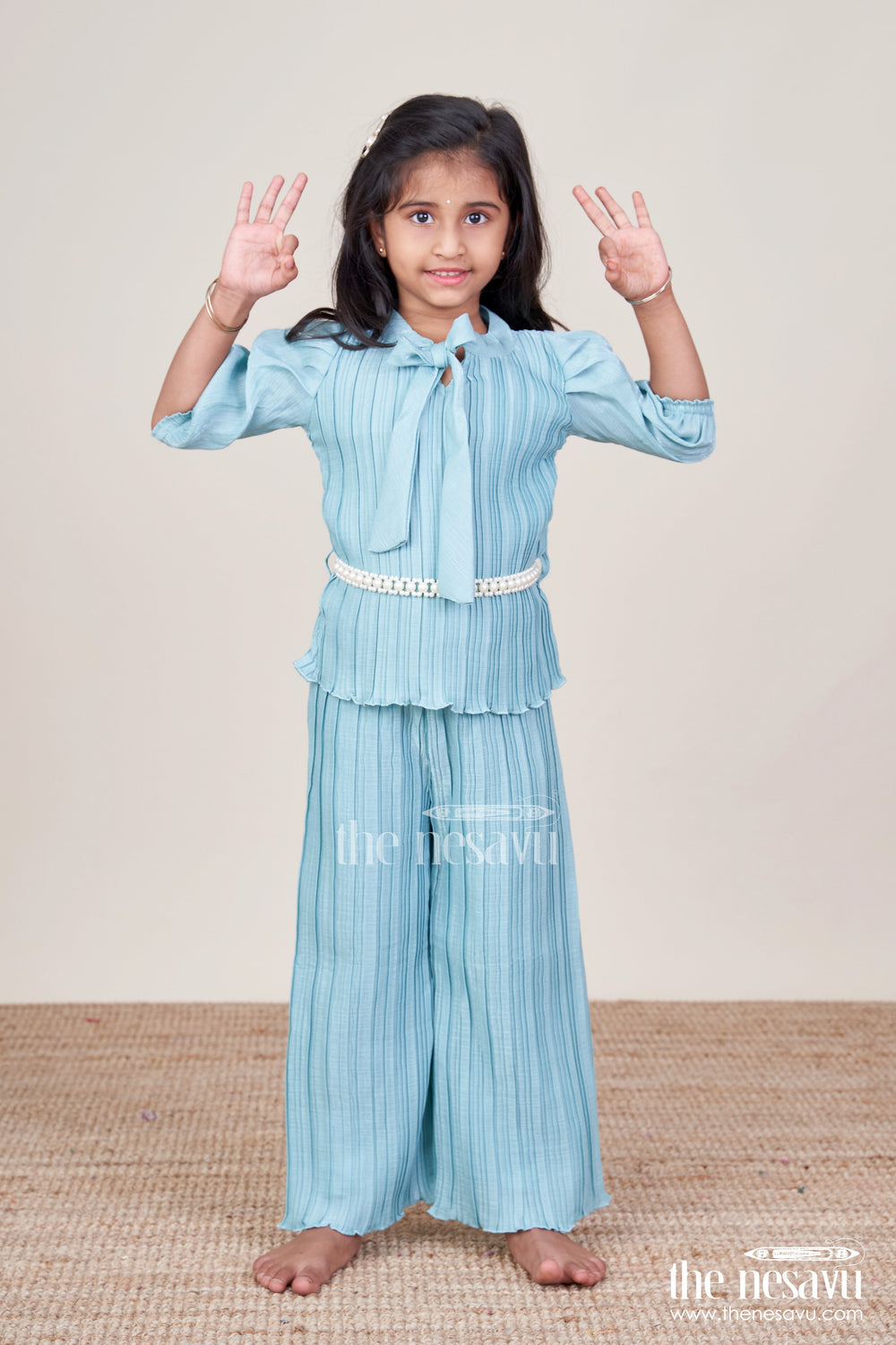 The Nesavu Girls Casual Set Trendy Pleated Georgette Co-Ord Set for Girls with Crop Top and Wide-Leg Pants Nesavu 18 (2Y) / Blue GPS857B-18 Girls blue pleated georgette crop top pants set  Nesavu casual ethnic wear