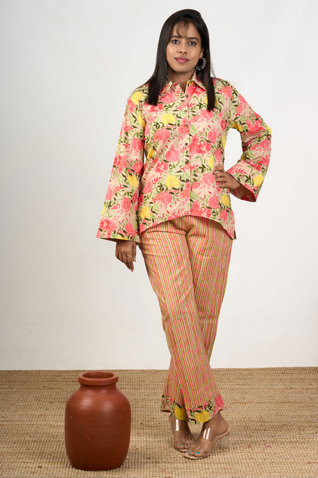 The Nesavu Womens Co-Ord Sets Trendy Women’s Cotton Co-Ord Set with Floral Print Shirt and Striped Pants Nesavu 36 (S) / Multicolor WTW040A-36 Nesavu Womens Cotton Co-Ord Set Floral Print Shirt Striped Relaxed-Fit Pants