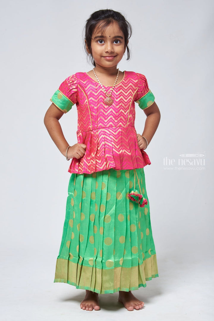 The Nesavu Pattu Pavadai Trendy Zig Zag Pink Peplum Blouse with Zari Butta Green Pattu Pavadai: Heritage Silk Collection Nesavu 14 (6M) / Green / Small Border GPP303B-14 Pattu Pavadai with zari border | Pattu Pavadai Online Shopping | The Nesavu