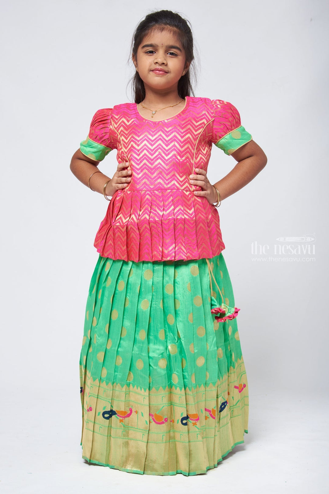 The Nesavu Pattu Pavadai Trendy Zig Zag Pink Peplum Blouse with Zari Butta Green Pattu Pavadai: Heritage Silk Collection Nesavu 20 (3Y) / Green / Big Border GPP303A-20 Pattu Pavadai with zari border | Pattu Pavadai Online Shopping | The Nesavu