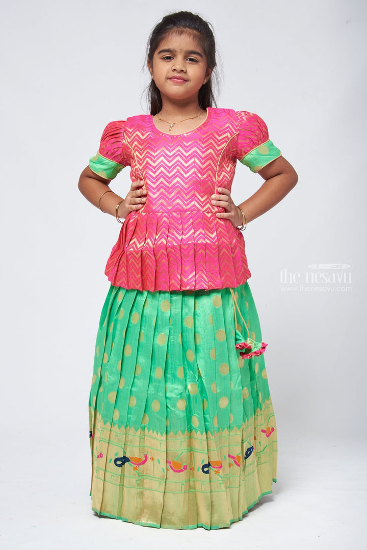 The Nesavu Pattu Pavadai Trendy Zig Zag Pink Peplum Blouse with Zari Butta Green Pattu Pavadai: Heritage Silk Collection Nesavu 20 (3Y) / Green / Big Border GPP303A-20 Pattu Pavadai with zari border | Pattu Pavadai Online Shopping | The Nesavu