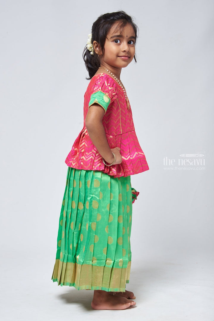 The Nesavu Pattu Pavadai Trendy Zig Zag Pink Peplum Blouse with Zari Butta Green Pattu Pavadai: Heritage Silk Collection Nesavu Pattu Pavadai with zari border | Pattu Pavadai Online Shopping | The Nesavu