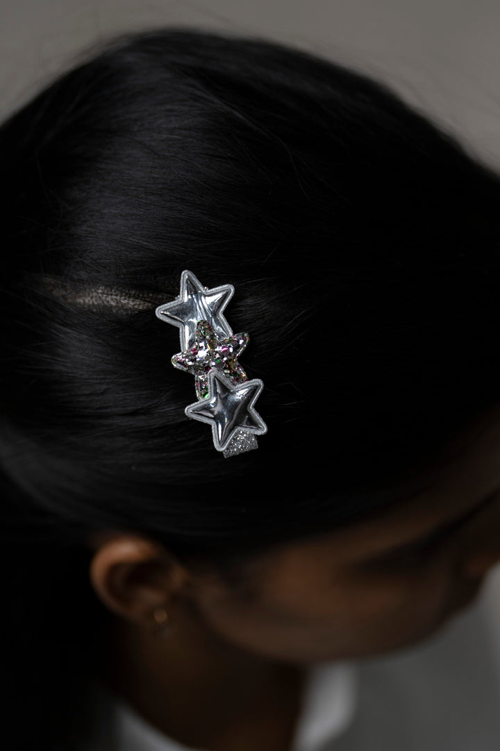 The Nesavu Hair Clip Triple Star Glitter Hair Clip for Girls Nesavu White JHCL69E Girls Glitter Star Hair Clip | Sparkling Accessory for Everyday Glam | The Nesavu