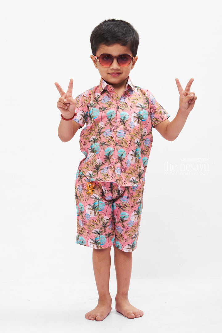 The Nesavu Boys Casual Set Tropical Palm Print Boys Casual Shorts and Shirt Set - Comfortable Two Piece Set Nesavu 16 (1Y) / Pink BCS005B-16 Boys Coral Tropical Shirt & Shorts Set | Casual Summer Wear | The Nesavu