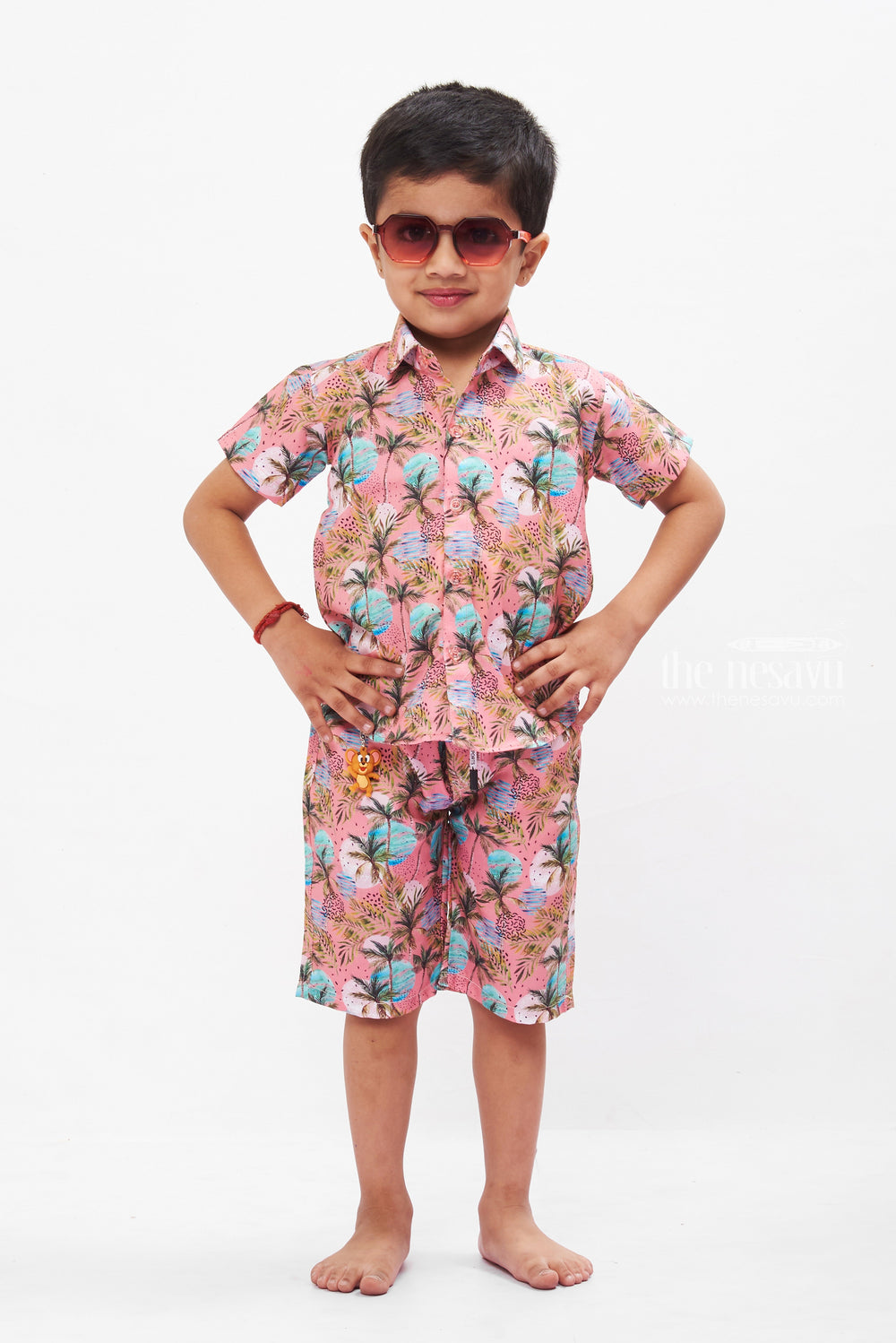 The Nesavu Boys Casual Set Tropical Palm Print Boys Casual Shorts and Shirt Set - Comfortable Two Piece Set Nesavu Boys Coral Tropical Shirt & Shorts Set | Casual Summer Wear | The Nesavu