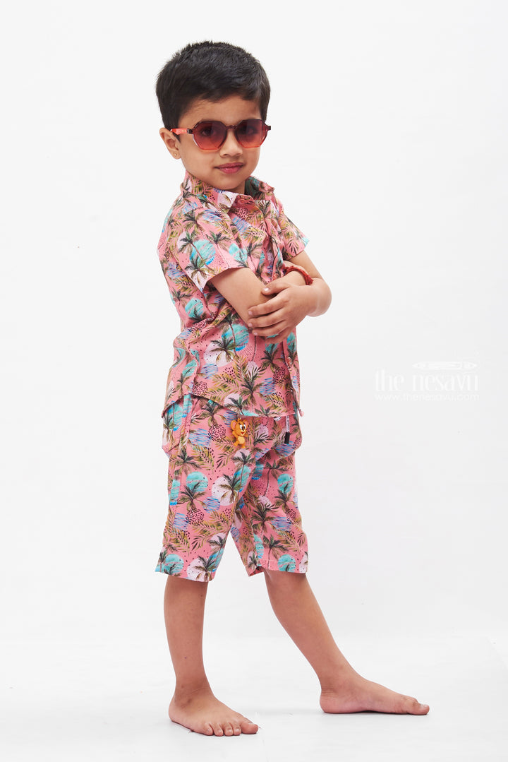 The Nesavu Boys Casual Set Tropical Palm Print Boys Casual Shorts and Shirt Set - Comfortable Two Piece Set Nesavu Boys Coral Tropical Shirt & Shorts Set | Casual Summer Wear | The Nesavu