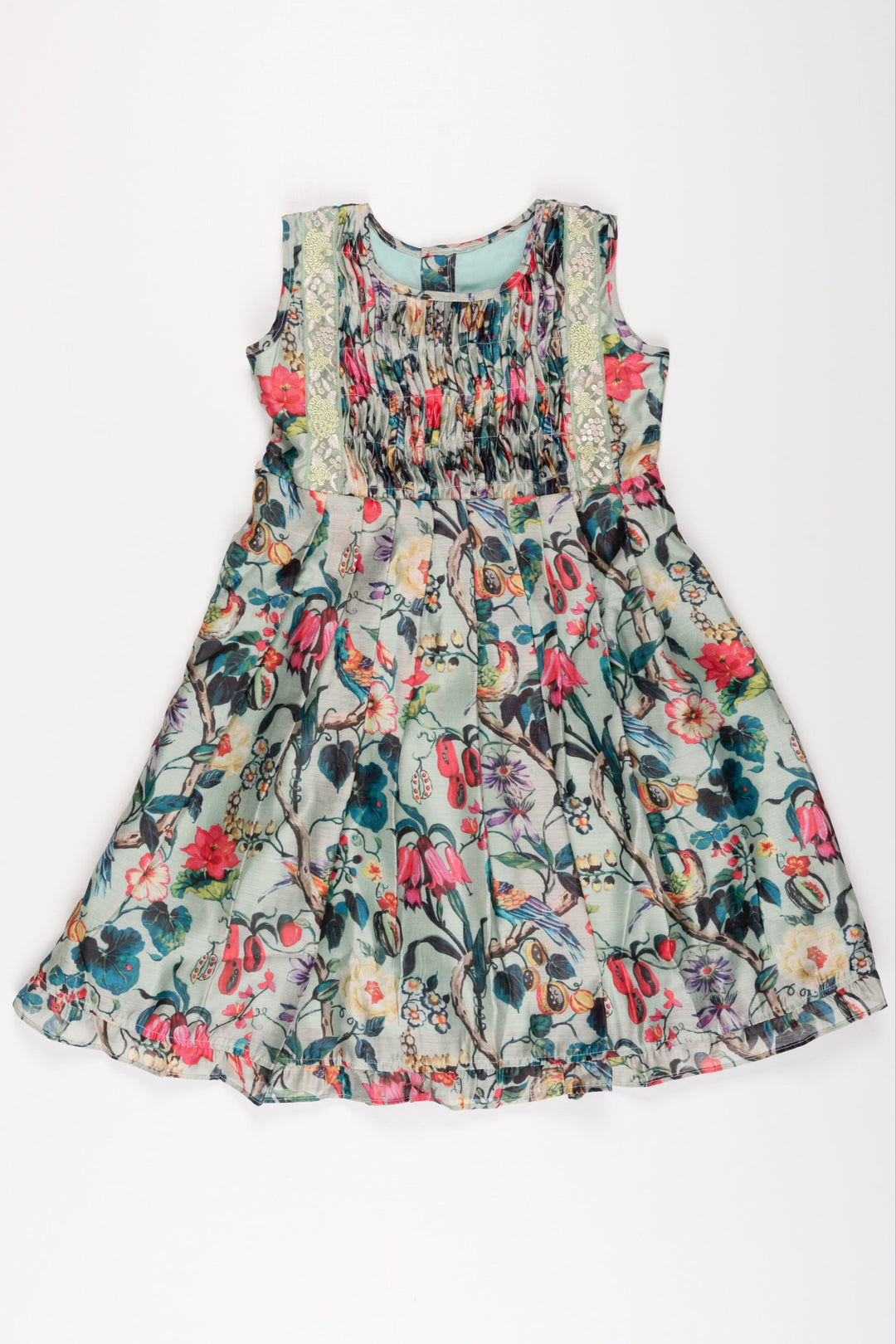 The Nesavu Girls Cotton Frock Tropical Paradise Cotton Frock: Exotic Birds and Floral Print with Embellishments for Girls Nesavu 12 (3M) / Green GFC1194C-12 Girls' Exotic Bird Print Dress | Floral Embellished Cotton Frock | The Nesavu