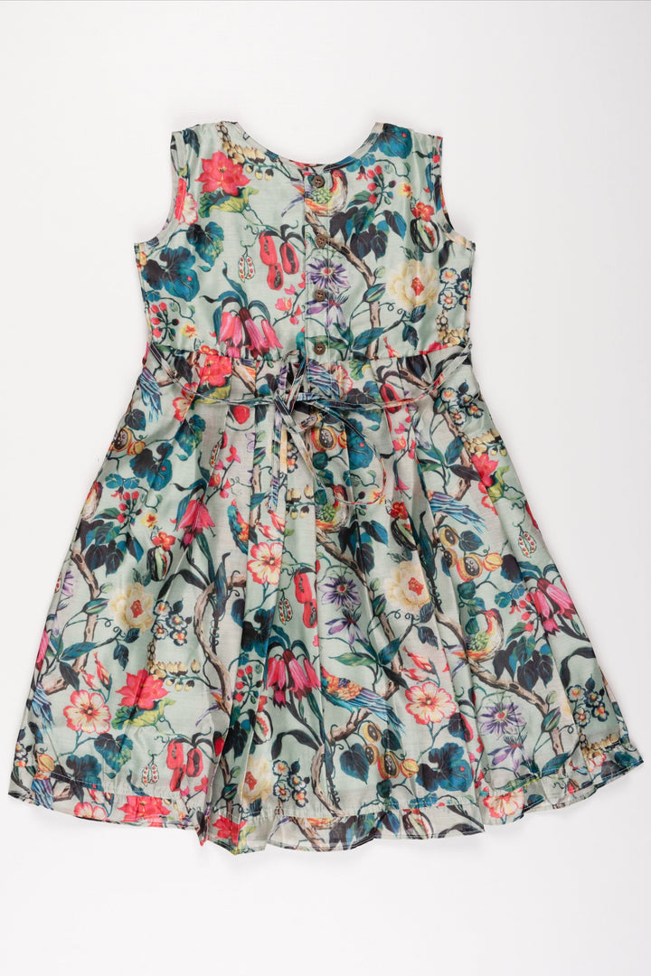 The Nesavu Girls Cotton Frock Tropical Paradise Cotton Frock: Exotic Birds and Floral Print with Embellishments for Girls Nesavu Girls' Exotic Bird Print Dress | Floral Embellished Cotton Frock | The Nesavu