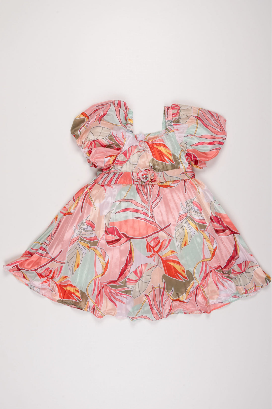 The Nesavu Girls Fancy Frock Tropical Sunset Puff Sleeve Dress: Girls' Colorful Botanical Print Frock with Rose Detail Nesavu 16 (1Y) / Red GFC1191A-16 Girls Botanical Print Puff Sleeve Dress | Vibrant Tropical Wear | Elegant Rose Detail Frock | The Nesavu