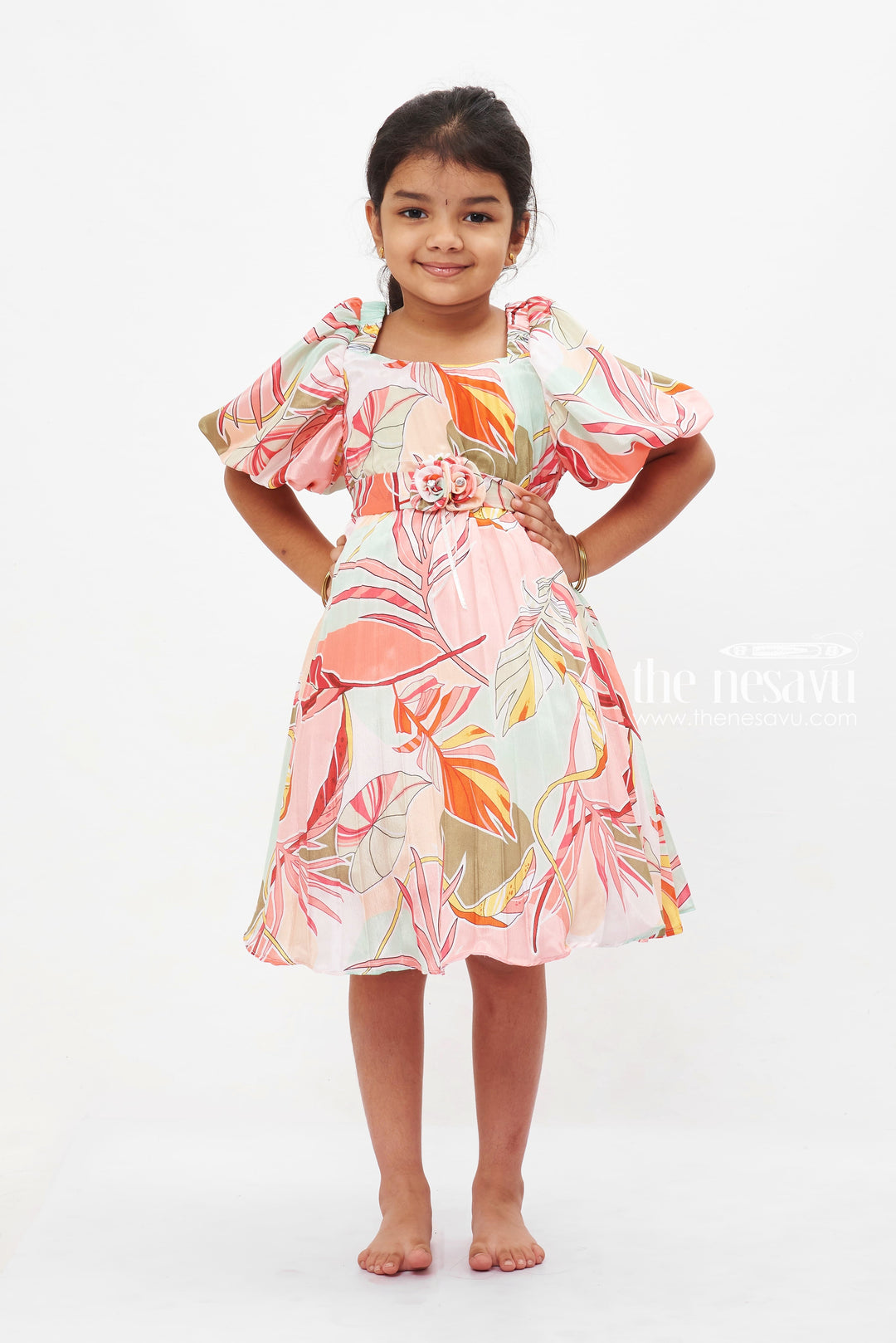 The Nesavu Girls Fancy Frock Tropical Sunset Puff Sleeve Dress: Girls' Colorful Botanical Print Frock with Rose Detail Nesavu 16 (1Y) / Red GFC1191A-16 Girls Botanical Print Puff Sleeve Dress | Vibrant Tropical Wear | Elegant Rose Detail Frock | The Nesavu