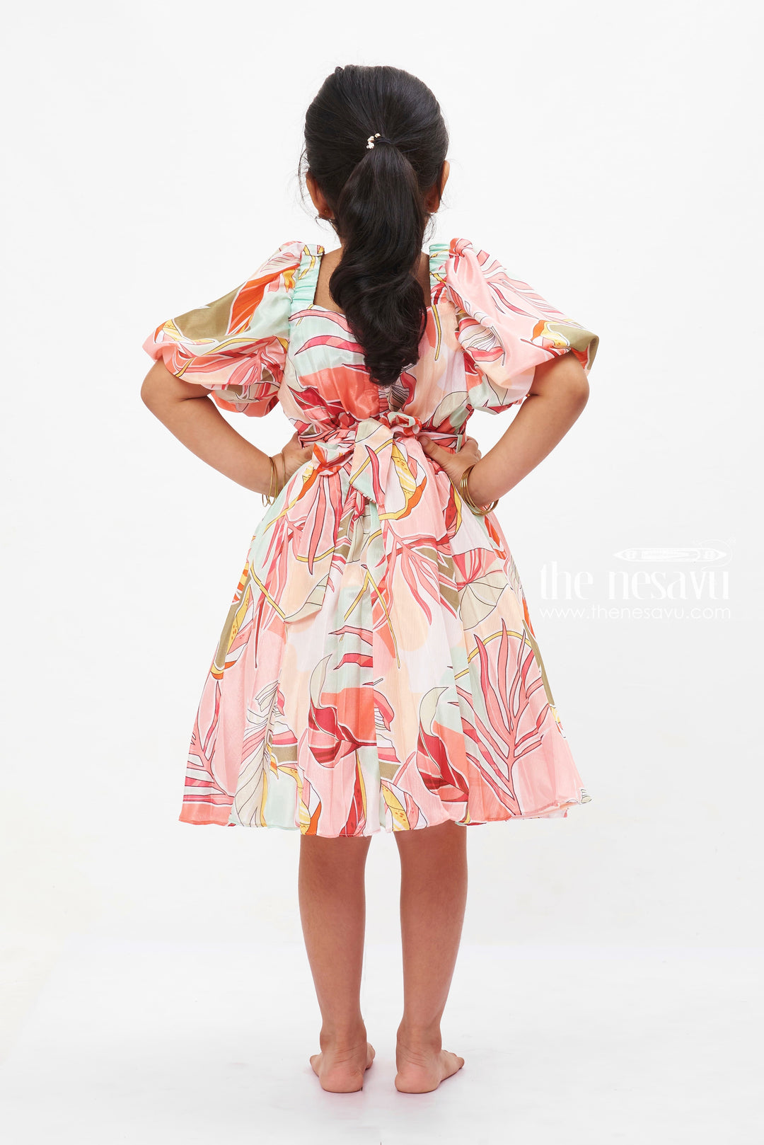 The Nesavu Girls Fancy Frock Tropical Sunset Puff Sleeve Dress: Girls' Colorful Botanical Print Frock with Rose Detail Nesavu Girls Botanical Print Puff Sleeve Dress | Vibrant Tropical Wear | Elegant Rose Detail Frock | The Nesavu