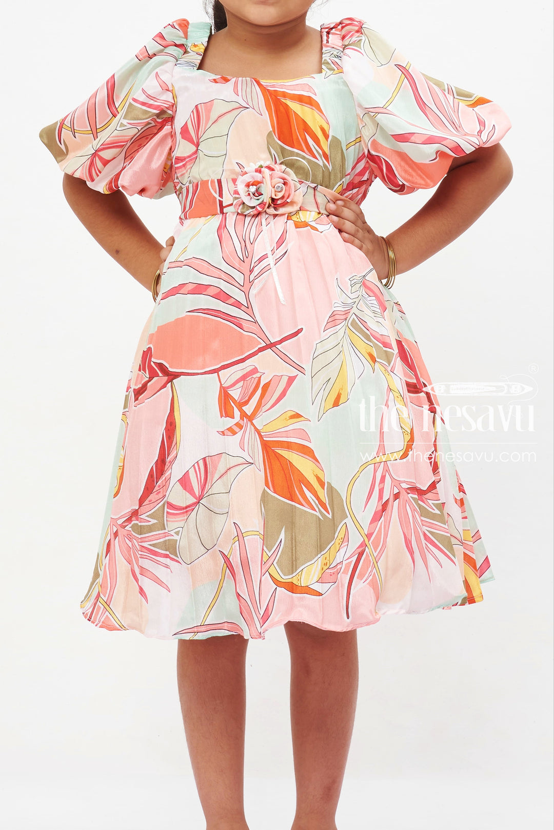 The Nesavu Girls Fancy Frock Tropical Sunset Puff Sleeve Dress: Girls' Colorful Botanical Print Frock with Rose Detail Nesavu Girls Botanical Print Puff Sleeve Dress | Vibrant Tropical Wear | Elegant Rose Detail Frock | The Nesavu