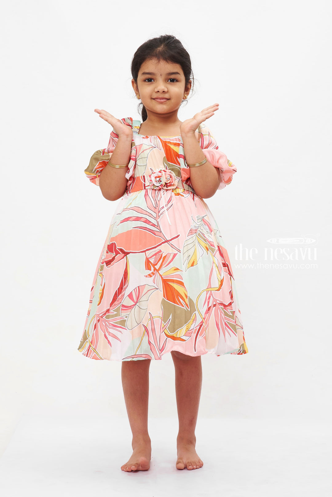 The Nesavu Girls Fancy Frock Tropical Sunset Puff Sleeve Dress: Girls' Colorful Botanical Print Frock with Rose Detail Nesavu Girls Botanical Print Puff Sleeve Dress | Vibrant Tropical Wear | Elegant Rose Detail Frock | The Nesavu