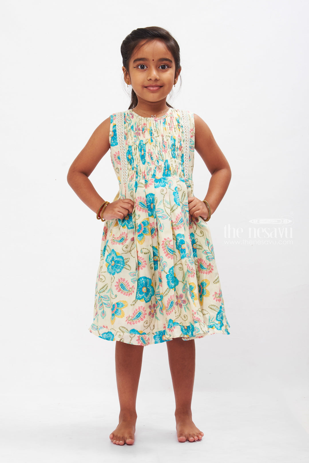 The Nesavu Girls Cotton Frock Tropical Teal Cotton Frock with Lace Accent for Girls Nesavu 16 (1Y) / Blue GFC1230B-16 Girls Lightweight Summer Cotton Dresses | Teal Floral Print Frock | The Nesavu