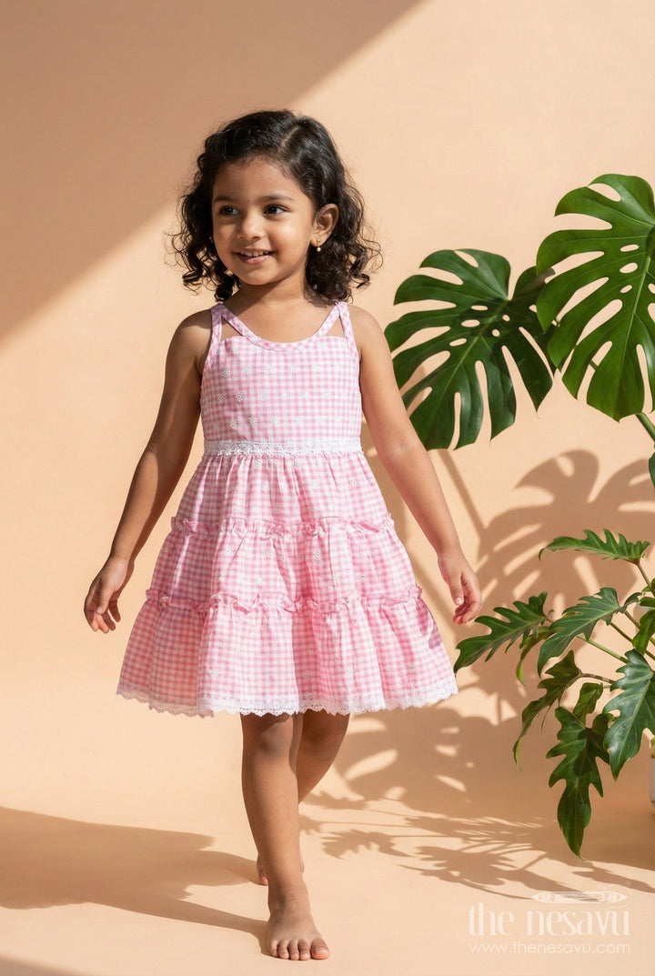 The Nesavu Girls Fancy Frock Tulle and Lace Frock for Girls Elegant Dress for Special Days Nesavu 18 (2Y) / Pink GFC1820C-18 Nesavu Girls Tulle Lace Frock Pink Gingham Cotton Embroidery Tiered Skirt Design