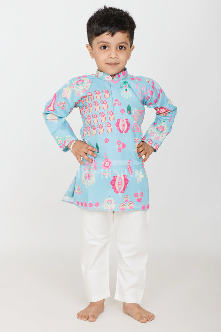 The Nesavu Boys Kurtha Set Turquoise Blended Silk Kurta Set for Boys with Floral and Paisley Prints for Traditional Events Nesavu 14 (6M) / Turquoise BES597A-14 Nesavu Boys Turquoise Silk Kurta Set Floral Paisley Prints Traditional Festive Wear