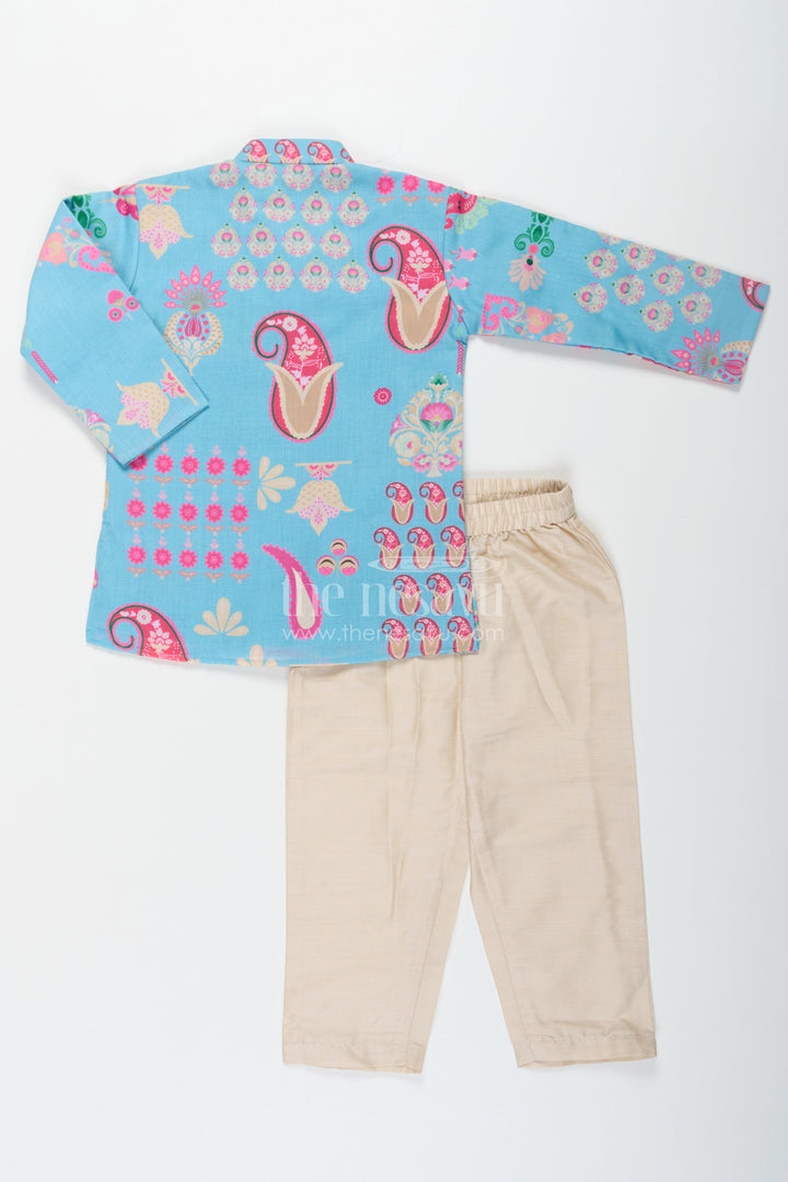 The Nesavu Boys Kurtha Set Turquoise Blended Silk Kurta Set for Boys with Floral and Paisley Prints for Traditional Events Nesavu Nesavu Boys Turquoise Silk Kurta Set Floral Paisley Prints Traditional Festive Wear