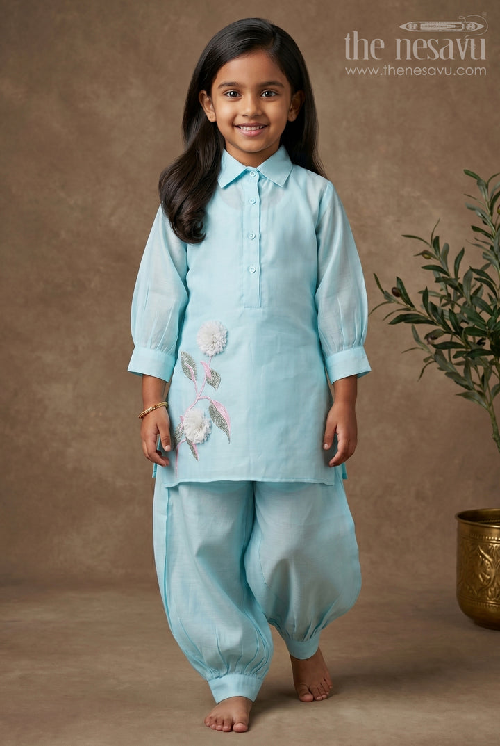 The Nesavu Girls Co-Ord Sets Turquoise Blue Elbow Sleeve Modal Silk Kurta Set with Floral Embroidery for Girls Nesavu 24 (5Y) / Blue GPS337B-24 Turquoise Blue 3/4th Sleeve Modal Silk Kurta Set for Girls