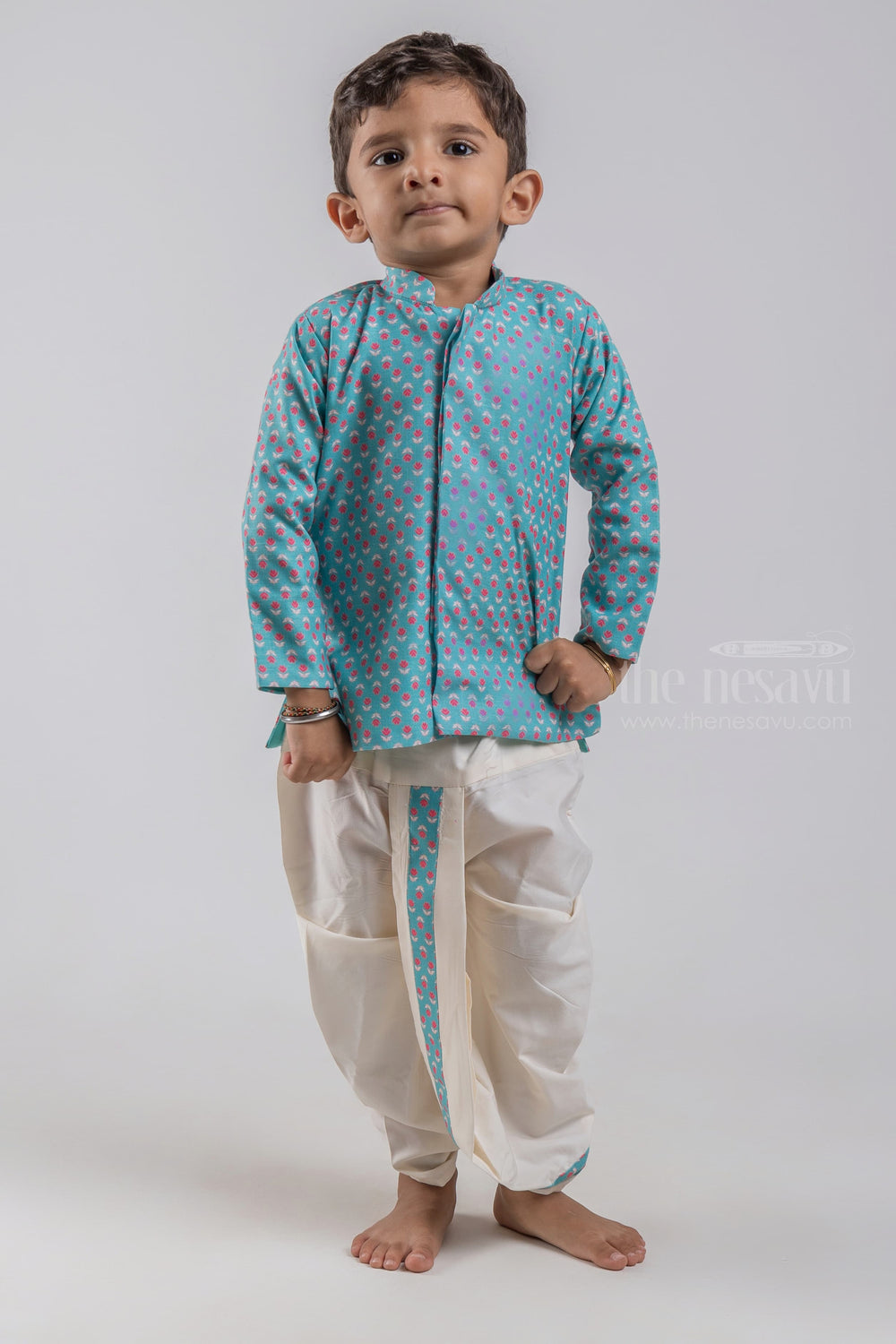 The Nesavu Boys Dothi Set Turquoise Floral All Over Printed Boys Ethnic Kurta with Dhoti Set psr silks Nesavu