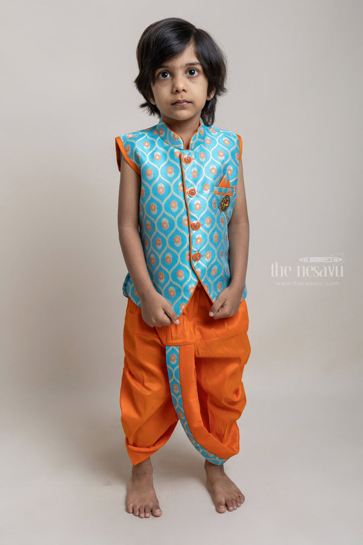 The Nesavu Boys Dothi Set Turquoise Stylish Ethnic Kurta With Orange Dhoti For Little Boys Nesavu 14 (6M) / Blue / Silk Blend BES280B-14 Explore the Best Ethnic Wear Collection for Boys | The Nesavu