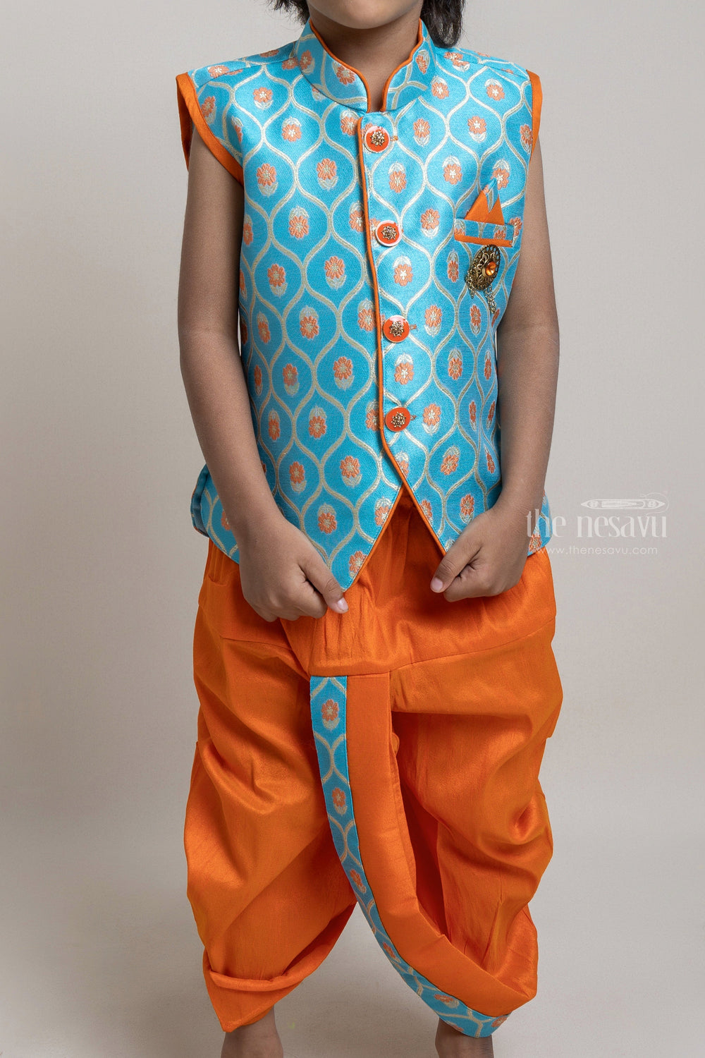 The Nesavu Boys Dothi Set Turquoise Stylish Ethnic Kurta With Orange Dhoti For Little Boys Nesavu Explore the Best Ethnic Wear Collection for Boys | The Nesavu