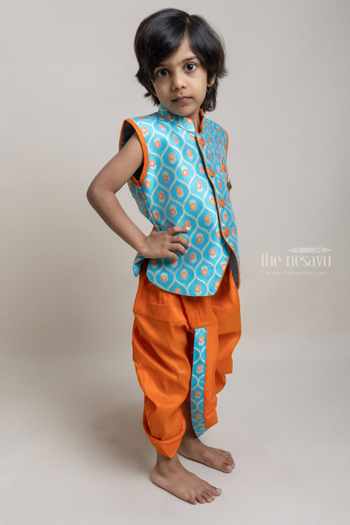 The Nesavu Boys Dothi Set Turquoise Stylish Ethnic Kurta With Orange Dhoti For Little Boys Nesavu Explore the Best Ethnic Wear Collection for Boys | The Nesavu
