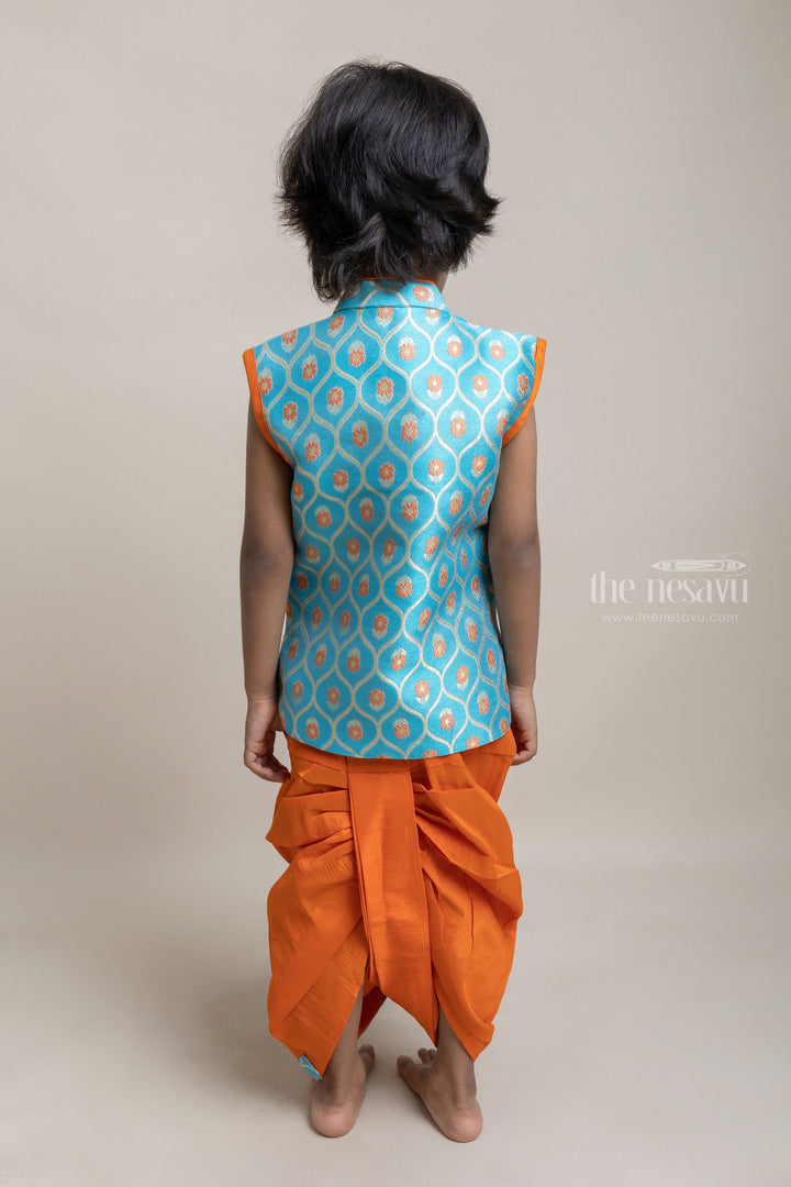 The Nesavu Boys Dothi Set Turquoise Stylish Ethnic Kurta With Orange Dhoti For Little Boys Nesavu Explore the Best Ethnic Wear Collection for Boys | The Nesavu