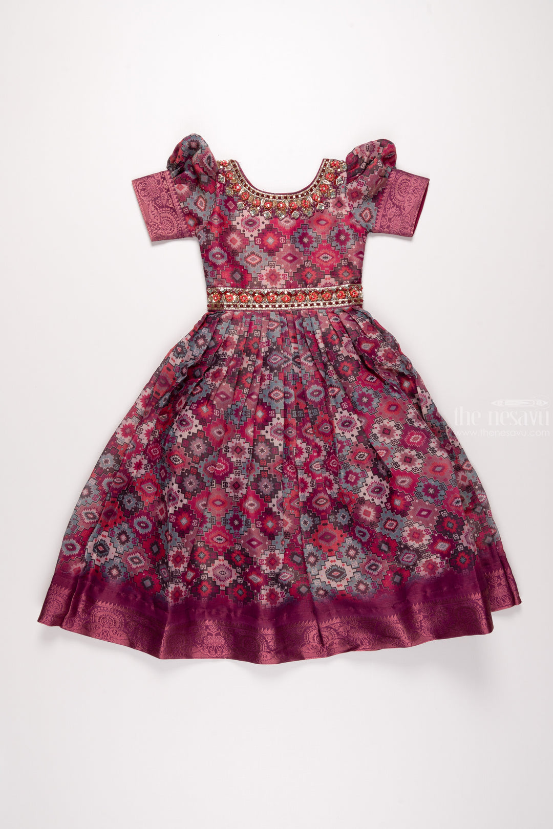 The Nesavu Girls Party Gown Twilight Traditions: Regal Ethnic Gown for Young Girls Nesavu 18 (2Y) / Maroon / Organza Printed GA183A-18 Deep Maroon Ethnic Gown with Gold Accents | Timeless Elegance for Young Girls | The Nesavu