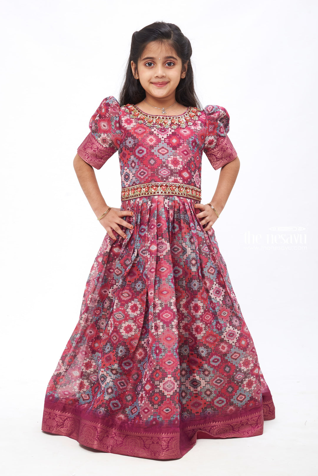 The Nesavu Girls Party Gown Twilight Traditions: Regal Ethnic Gown for Young Girls Nesavu 18 (2Y) / Maroon / Organza Printed GA183A-18 Deep Maroon Ethnic Gown with Gold Accents | Timeless Elegance for Young Girls | The Nesavu