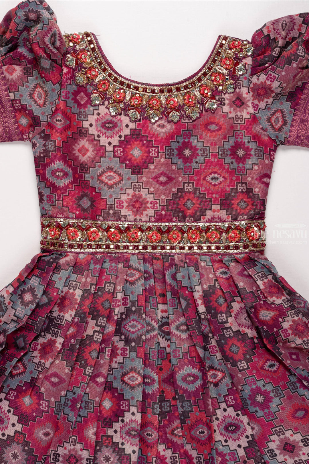 The Nesavu Girls Party Gown Twilight Traditions: Regal Ethnic Gown for Young Girls Nesavu Deep Maroon Ethnic Gown with Gold Accents | Timeless Elegance for Young Girls | The Nesavu