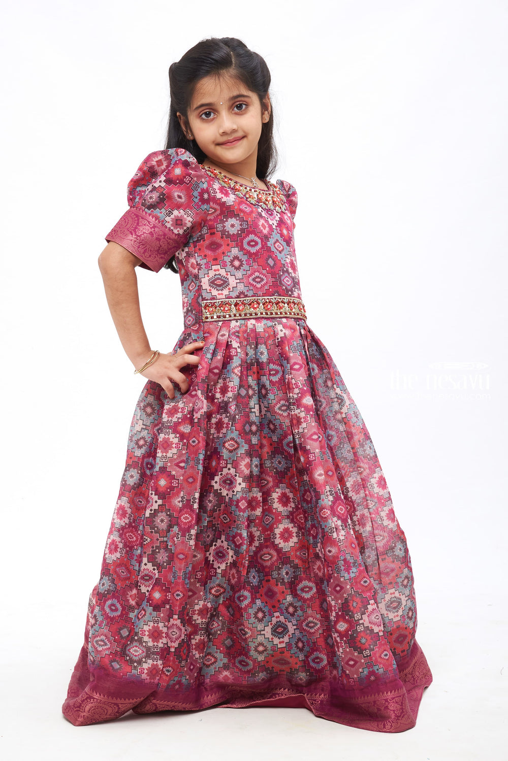 The Nesavu Girls Party Gown Twilight Traditions: Regal Ethnic Gown for Young Girls Nesavu Deep Maroon Ethnic Gown with Gold Accents | Timeless Elegance for Young Girls | The Nesavu