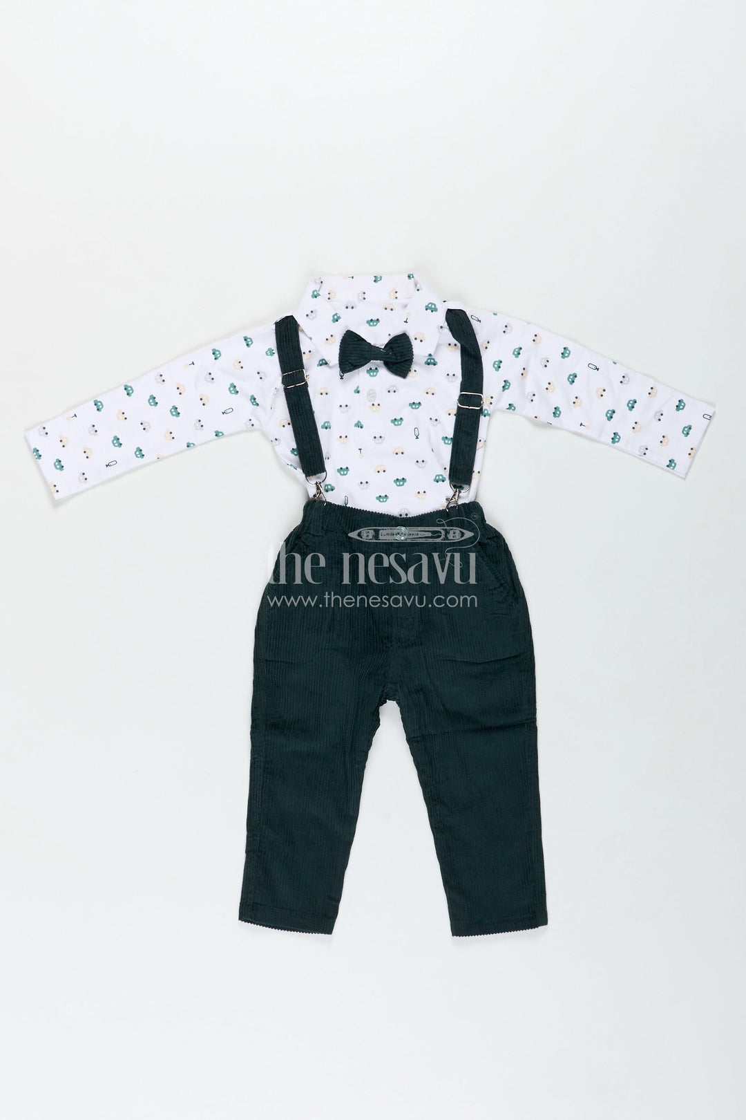 The Nesavu Boys Casual Set Two Piece Casual Pant Sets for Boys in Knitted Cotton Jersey with Corduroy Trousers and Bow Tie Detail Nesavu 14 (6M) / Green BCS315A-14 Nesavu Boys Two Piece Casual Pant Sets Cotton Jersey Shirt Corduroy Bottom Vintage Style