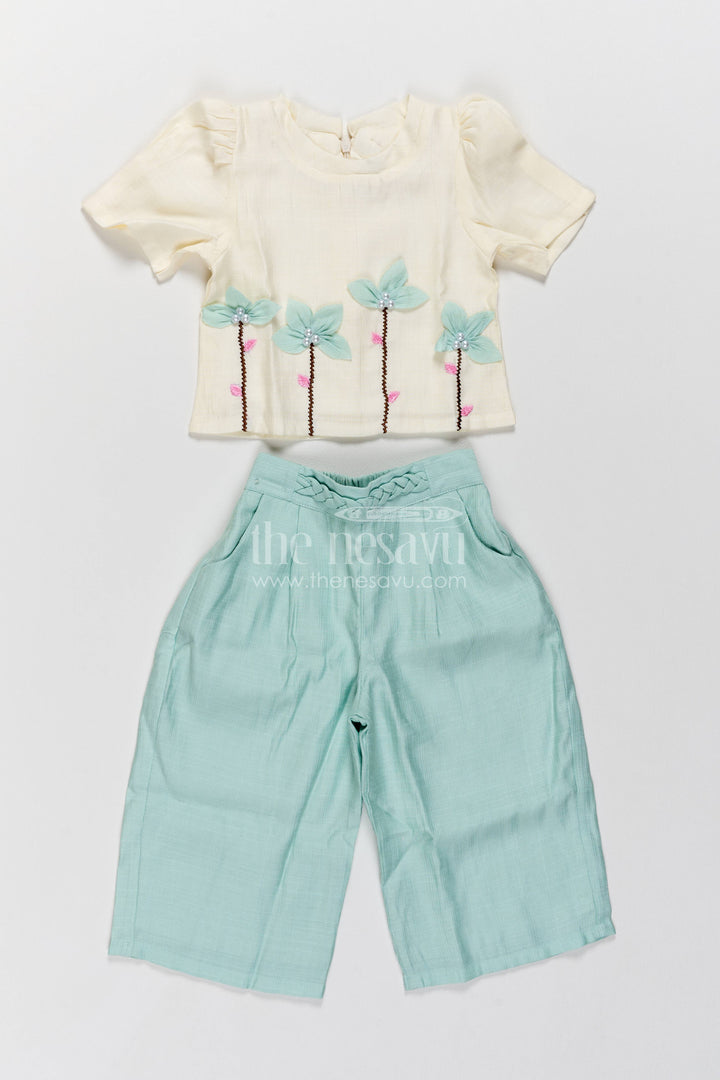 The Nesavu Girls Casual Set Two Piece Co Ord Set for Girls in Turquoise with an Occasion Ready Finish Nesavu 18 (2Y) / Turquoise / Cotton Blend GCS086B-18 Nesavu Two Piece Co Ord Set For Girls In Turquoise With Floral GCS086B-18