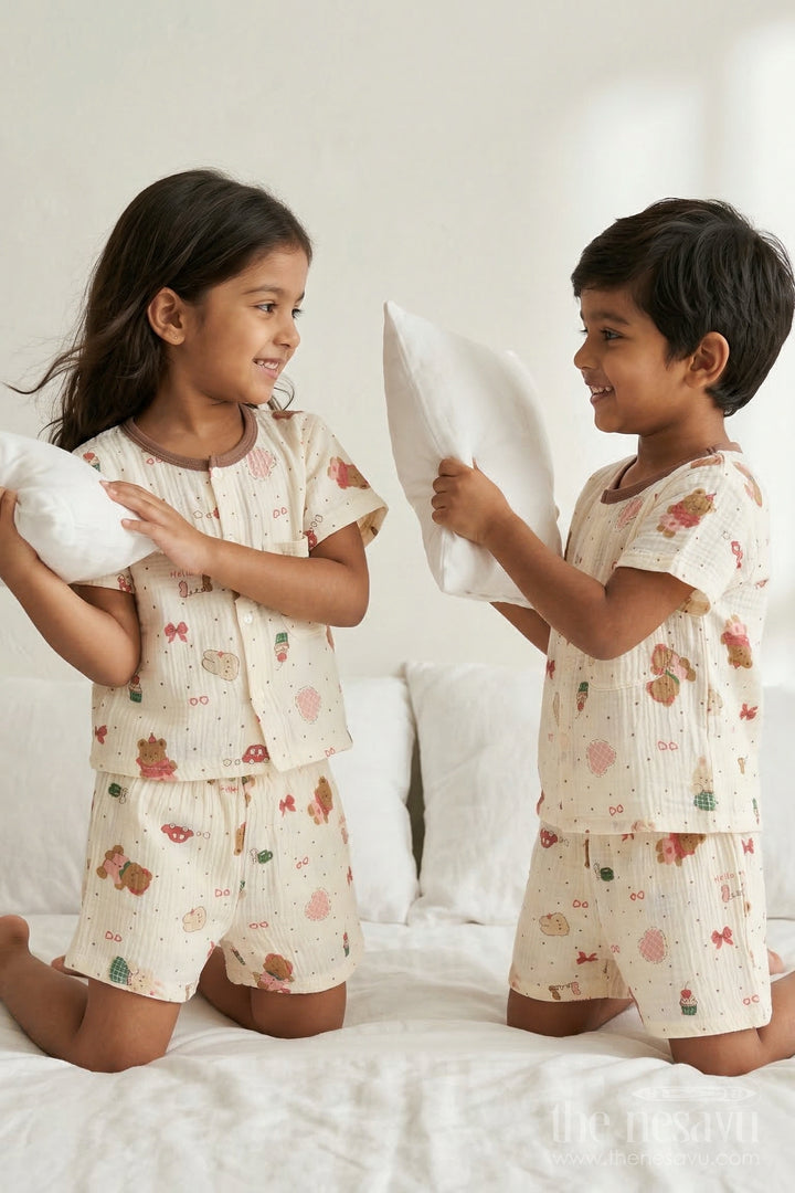 The Nesavu Night Dress Unisex Cotton Night Suit with Bunny Print for Bedtime Comfort Nesavu 10 (NB) / Cream / Muslin Cotton NS067A-10 Nesavu Unisex Muslin Cotton Bunny Print Night Suit For Comfortable Daily Sleepwear