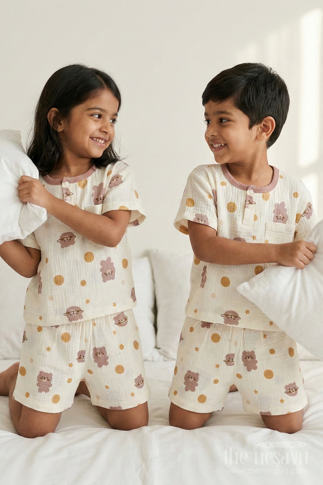 The Nesavu Night Dress Unisex Cotton Night Suit with Bunny Print for Cozy Nights Nesavu 10 (NB) / Cream / Muslin Cotton NS065A-10 Nesavu Unisex Muslin Cotton Bunny Print Night Suit For Breathable Summer Sleep