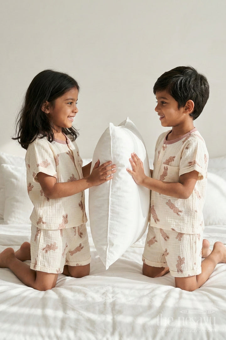 The Nesavu Night Dress Unisex Cotton Night Suit with Bunny Print for Cozy Sleep Nesavu 10 (NB) / Cream / Muslin Cotton NS061A-10 Nesavu Kids Unisex Muslin Cotton Bunny Print Night Suit For Everyday Summer Sleep