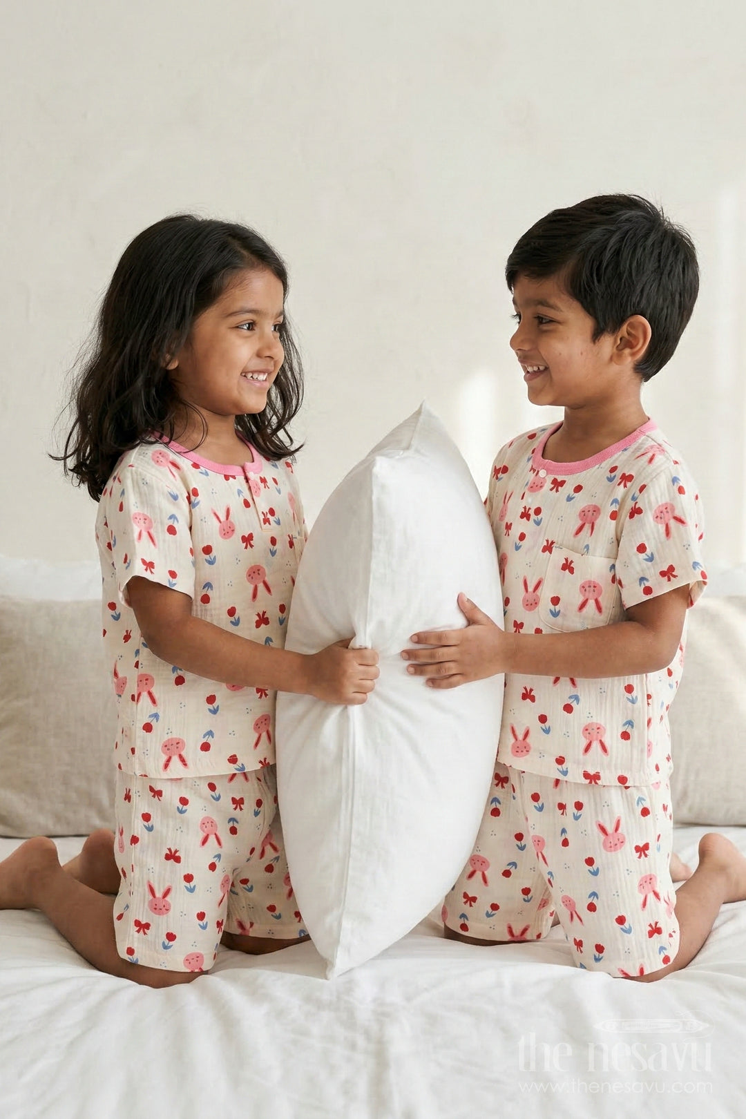 The Nesavu Night Dress Unisex Cotton Night Suit with Bunny Print for Cozy Summer Nights Nesavu 10 (NB) / Cream / Muslin Cotton NS068A-10 Nesavu Unisex Muslin Cotton Bunny Print Night Suit For Breathable Summer Sleep