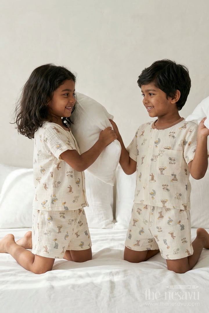 The Nesavu Night Dress Unisex Cotton Night Suit with Bunny Print for Everyday Sleep Nesavu 10 (NB) / Cream / Muslin Cotton NS064A-10 Nesavu Unisex Muslin Cotton Bunny Print Night Suit For Comfortable Daily Sleepwear