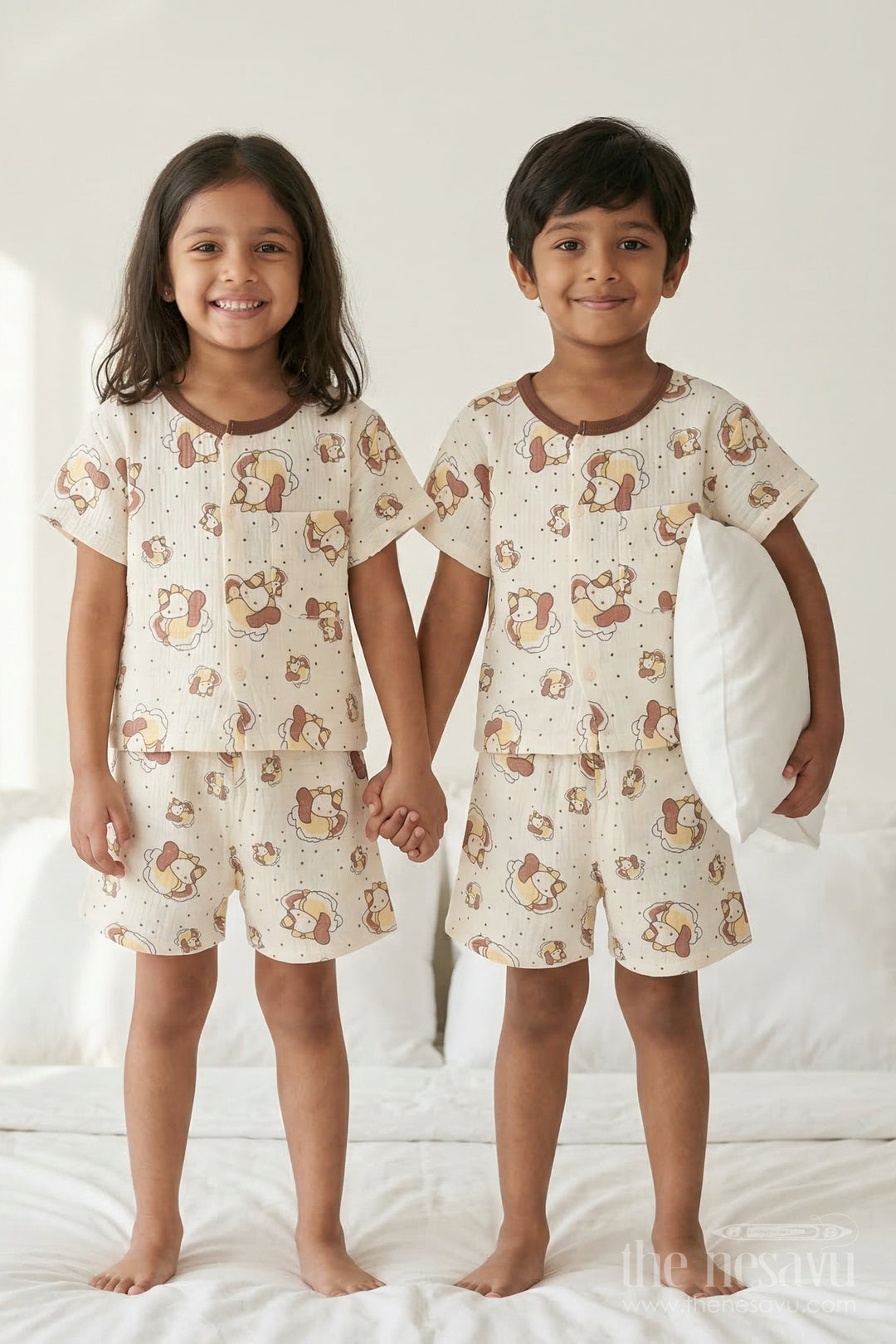 The Nesavu Night Dress Unisex Cotton Night Suit with Cartoon Print for Daily Sleep Nesavu 10 (NB) / Cream / Muslin Cotton NS066A-10 Nesavu Unisex Muslin Cotton Cartoon Print Night Suit For Breathable Summer Sleepwear