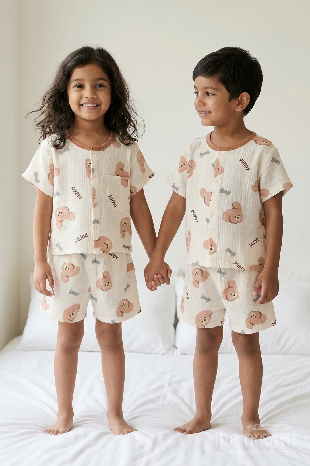 The Nesavu Night Dress Unisex Cotton Night Suit with Puppy Print for Bedtime Comfort Nesavu 10 (NB) / Cream / Muslin Cotton NS063A-10 Nesavu Unisex Muslin Cotton Puppy Print Night Suit For Breathable Summer Sleepwear