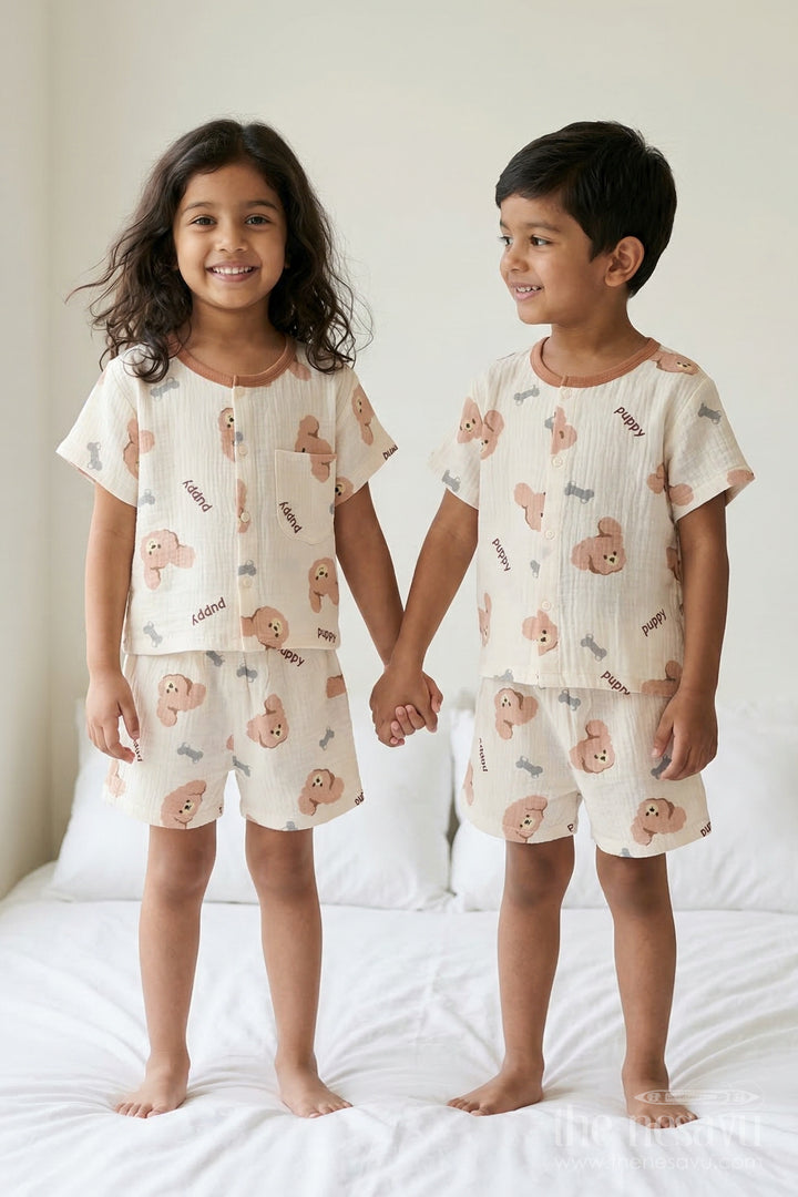 The Nesavu Night Dress Unisex Cotton Night Suit with Puppy Print for Bedtime Comfort Nesavu 10 (NB) / Cream / Muslin Cotton NS063A-10 Nesavu Unisex Muslin Cotton Puppy Print Night Suit For Breathable Summer Sleepwear