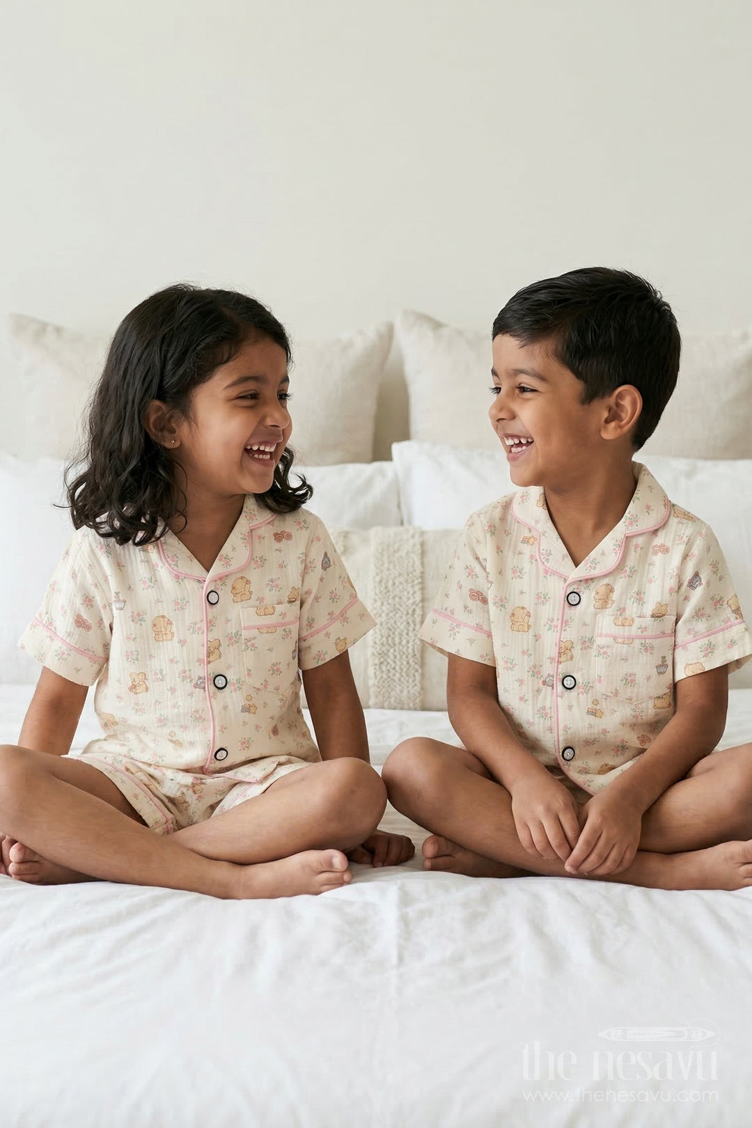 The Nesavu Night Dress Unisex Kids Cotton Night Suit for Comfortable Summer Sleep Nesavu 16 (1Y) / Multicolor / Muslin Cotton NS051A-16 Nesavu Unisex Kids Muslin Cotton Night Suit With Floral Digital Print For Summer Sleepwear