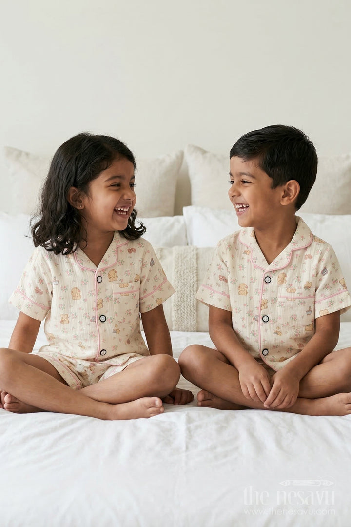 The Nesavu Night Dress Unisex Kids Cotton Night Suit for Comfortable Summer Sleep Nesavu 16 (1Y) / Multicolor / Muslin Cotton NS051A-16 Nesavu Unisex Kids Muslin Cotton Night Suit With Floral Digital Print For Summer Sleepwear